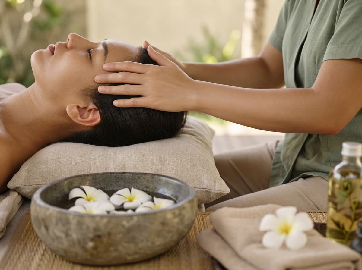 Therapists preparing a massage setup at a Bali villa with fresh linens and towels.