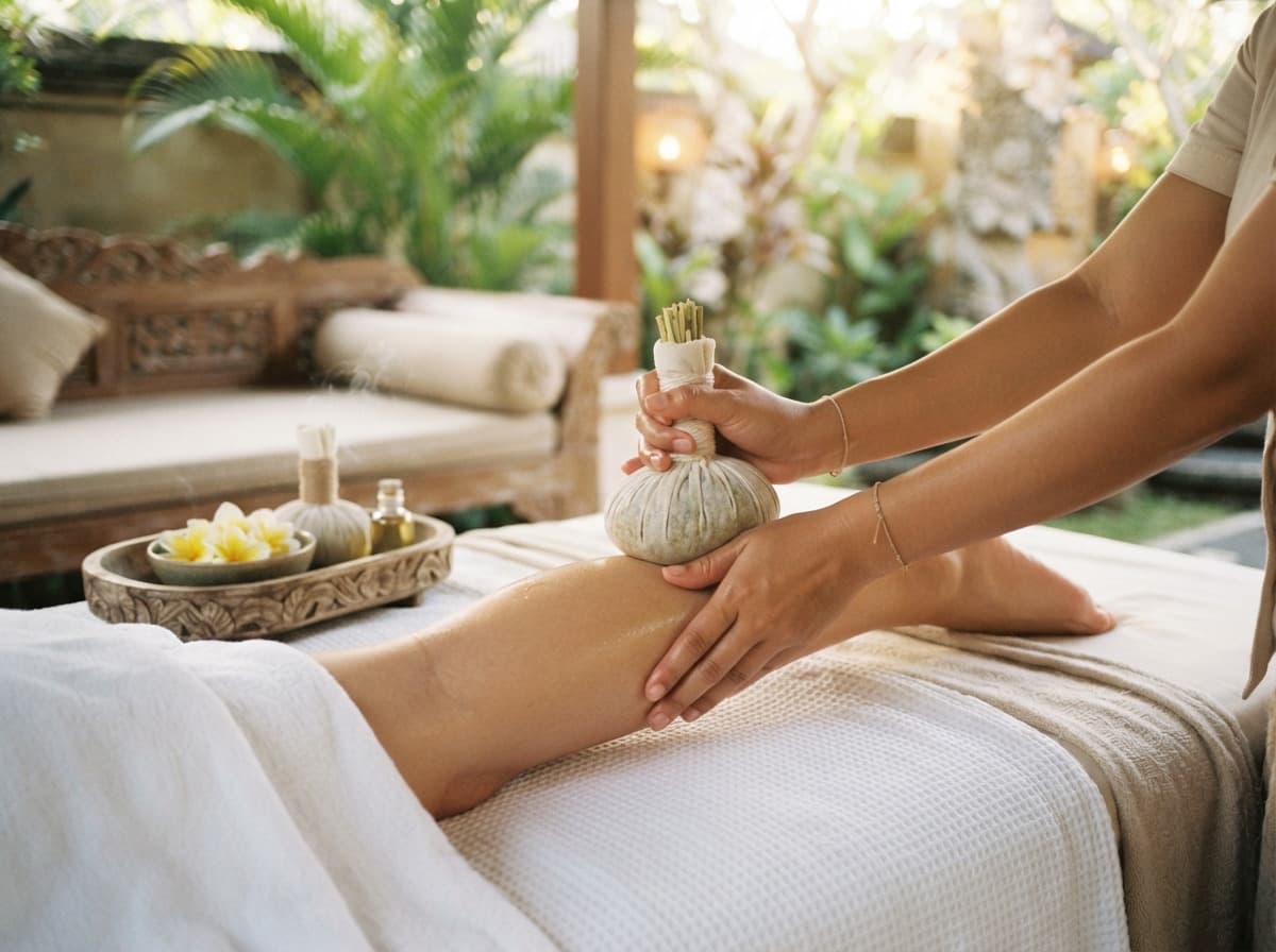 Therapists preparing a massage setup at a Bali villa with fresh linens and towels.